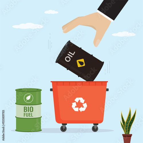 Businessman hand throw oil barrel into trash can. alternative energy, bio fuel. Oil crisis, recession leads to decrease in consumption. Lower prices for commodities.