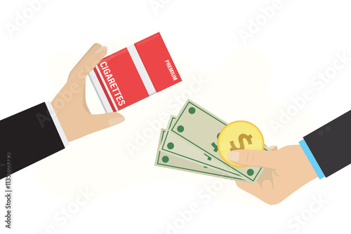 Close up of two hands doing exchange money with a pack of cigarette. Client hand giving money and buy cigarettes. Shopping concept. Nicotine addiction.