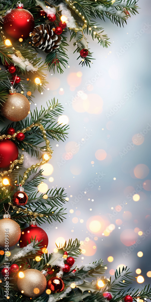 Obraz premium Design a wintery Christmas card background featuring lush fir branches adorned with glowing garlands and classic red and gold ornaments.1