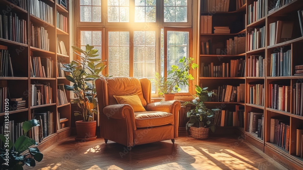 Cozy reading nook with sunlight streaming through windows Cozy reading nook with sunlight streaming through windows
