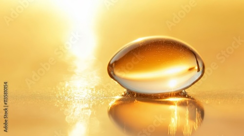 A close-up of a water droplet on a reflective surface, illuminated by warm golden light.