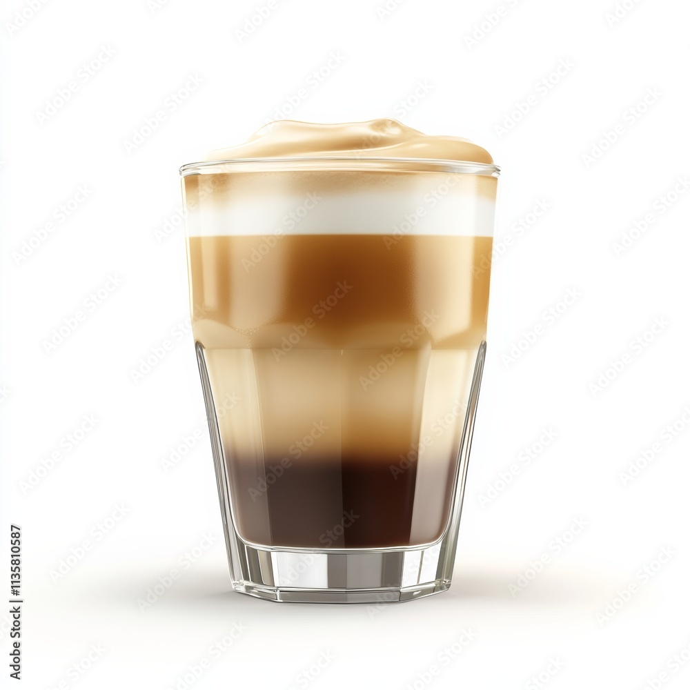 A realistic 3D model of a cortado with perfect foam layers in a short glass, isolated on white A realistic 3D model of a cortado with perfect foam layers in a short glass, isolated on white