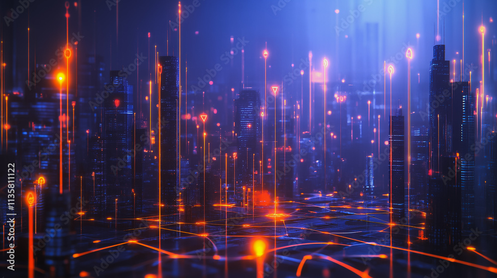 Obraz premium Smart digital Innovation city with connection network reciprocity over the cityscape. of future smart wireless digital city and social media networking systems that connects people with in city