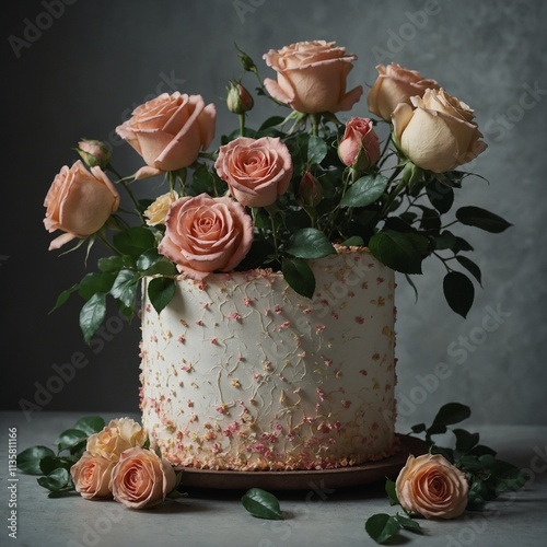 "A cake resembling a realistic flower pot with sugar-crafted roses and greenery."

