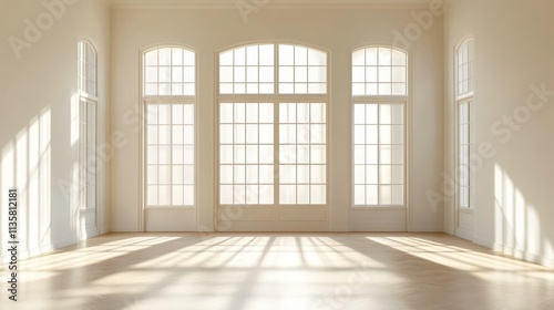 A spacious, sunlit room with large windows casting shadow on the wooden floor.