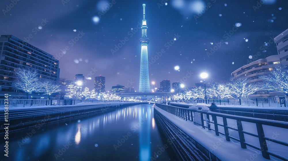 Fototapeta premium 静寂な雪景色とスカイツリーの幻想的な冬の夜