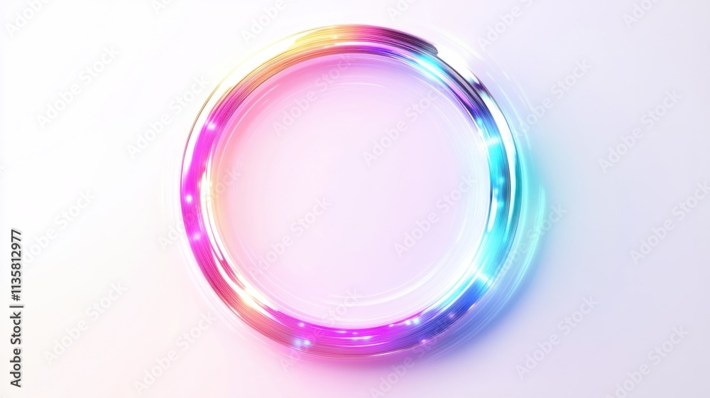 A glowing holographic frame in a smooth circular design, with soft rainbow tones and shimmering highlights, isolated on white