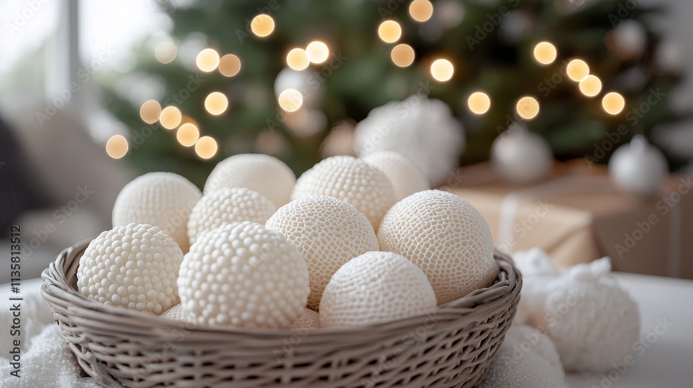 Fototapeta premium A basket filled with white Christmas decorations is placed on the table, with soft lighting illuminating the indoor environment. A blurry Christmas tree can be seen in the background