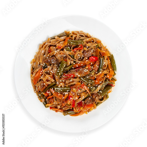 Udon noodles with beef and vegetables in teriyaki sauce, top view, on a white background, isolated.