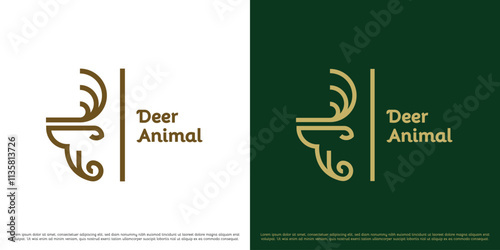 Deer animal head logo design illustration. Silhouettes of animals zoo forest wildlife habitat fauna. Simple minimal luxury elegant linear line abstract geometric icon symbol.