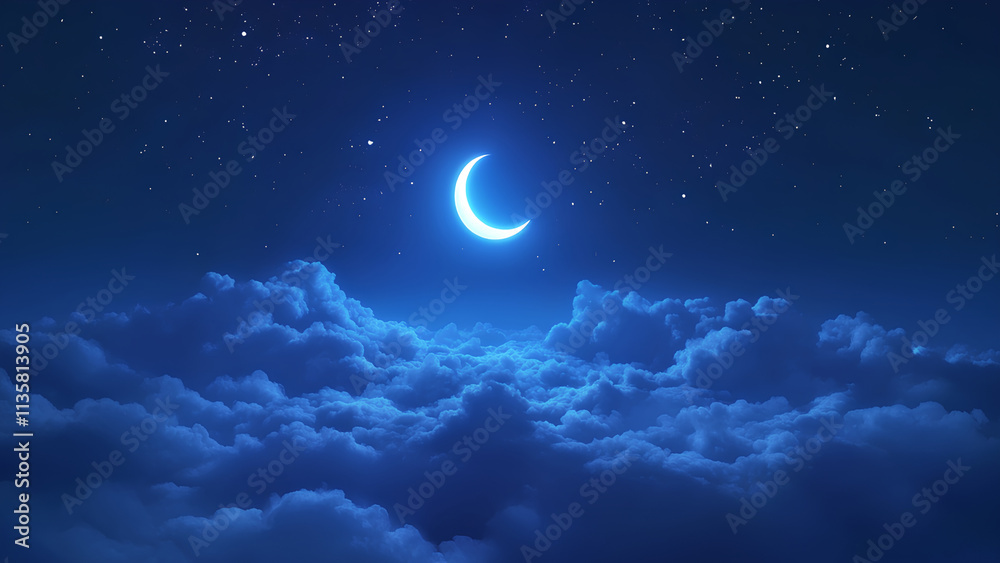 Dreamy Night Sky with Glowing Crescent Moon and Stars Dreamy Night Sky with Glowing Crescent Moon and Stars