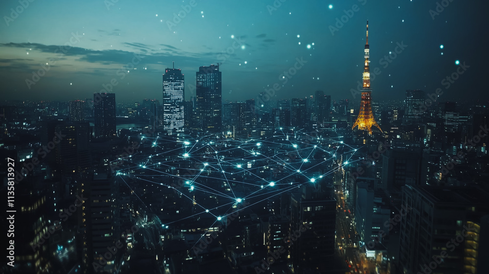 Fototapeta premium Smart digital Innovation city with connection network reciprocity over the cityscape. of future smart wireless digital city and social media networking systems that connects people with in city