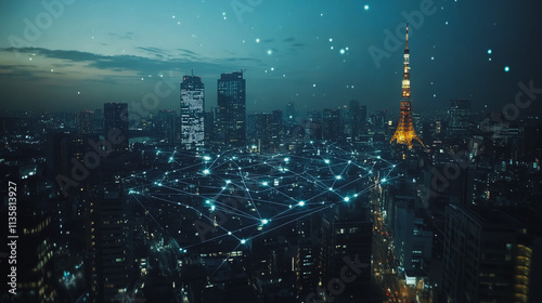 Wallpaper Mural Smart digital Innovation city with connection network reciprocity over the cityscape. of future smart wireless digital city and social media networking systems that connects people with in city Torontodigital.ca