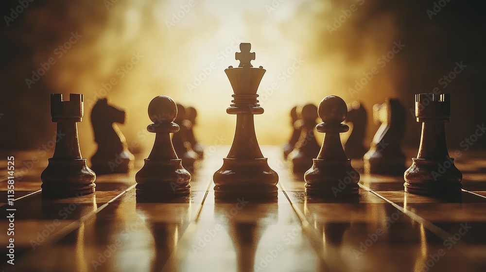 Chess pieces arranged in the center of the chessboard on a clean background, designed in a C4D style with cool tones and top lighting. A minimalist and elegant still shot of the classic game of chess.