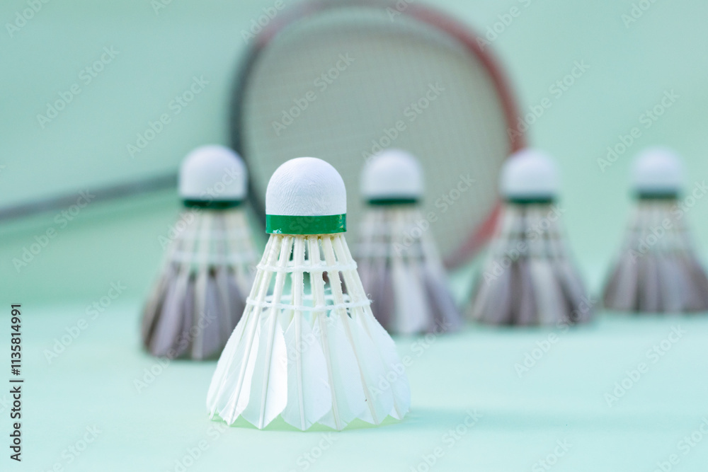 Badminton shuttlecock and badminton rackets for badminton sport playing placed on floor, soft focus, concept for endurance sport and relaxation with sport of people around the world. Badminton shuttlecock and badminton rackets for badminton sport playing placed on floor, soft focus, concept for endurance sport and relaxation with sport of people around the world.