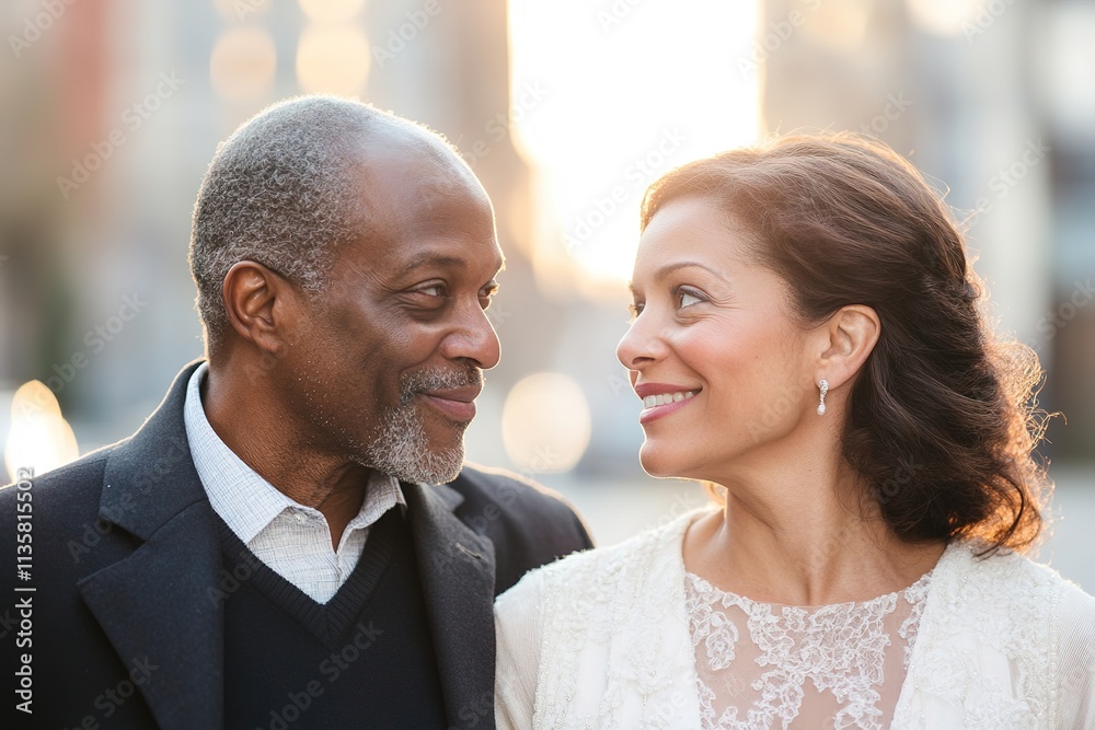 portrait of diverse couple on their wedding day gazing at each other with warm smile portrait of diverse couple on their wedding day gazing at each other with warm smile
