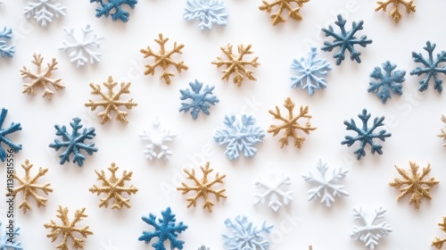 Snowflakes in various colors on white background