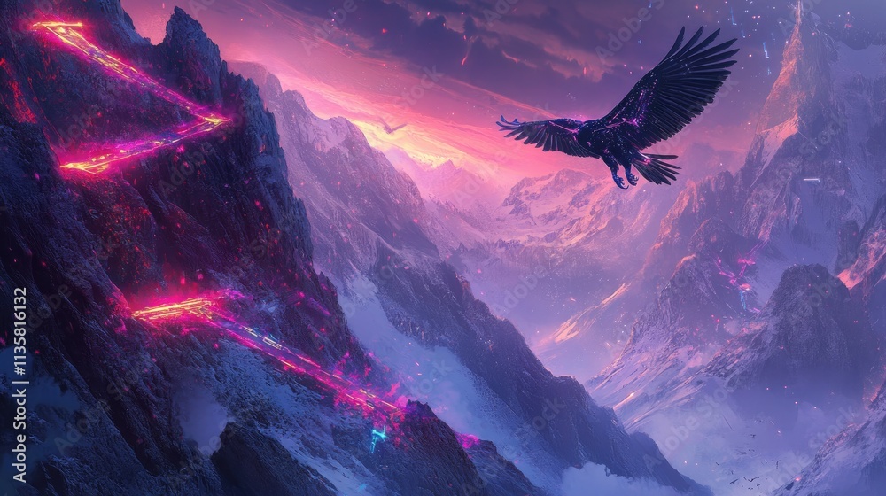 Fototapeta premium Majestic Eagle Soaring Above Glowing Volcanic Mountains