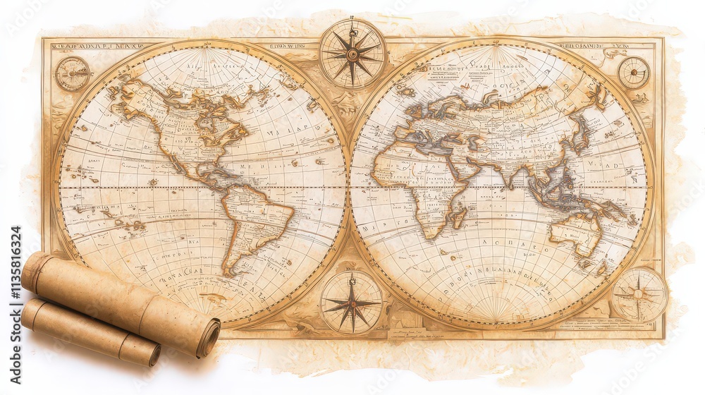 Fototapeta premium Vintage World Map Antique Geography Exploration Travel Nautical Chart Compass Rose O