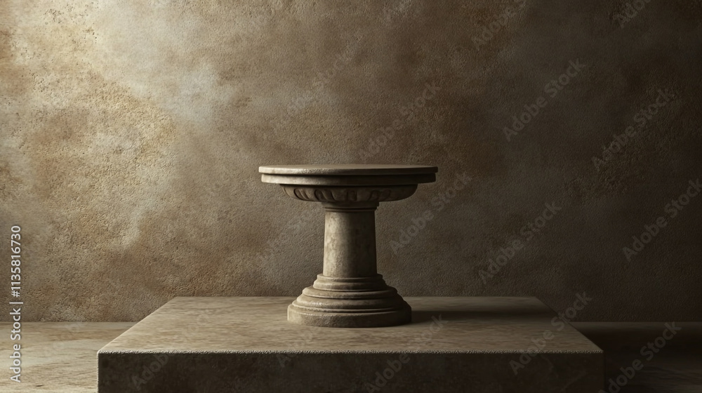 Elegant stone pedestal on a textured surface in a softly lit environment Elegant stone pedestal on a textured surface in a softly lit environment
