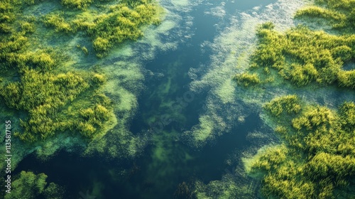 Aerial view of marshy water terrain with murky algae-filled water, seamlessly blending edges in a Photoshop pattern format, creating a natural, textured surface for use in various design applications.