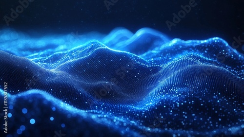 Blue glowing waves in digital landscape create mesmerizing depth