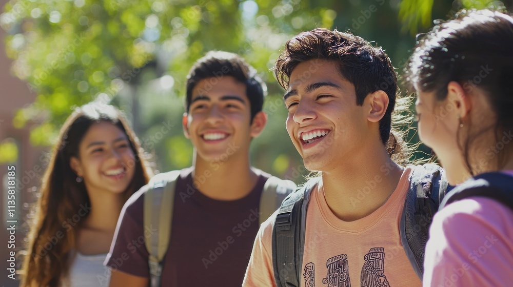 A group of Hispanic college friends enjoying a sunny day on campus, laughing together. A group of Hispanic college friends enjoying a sunny day on campus, laughing together.