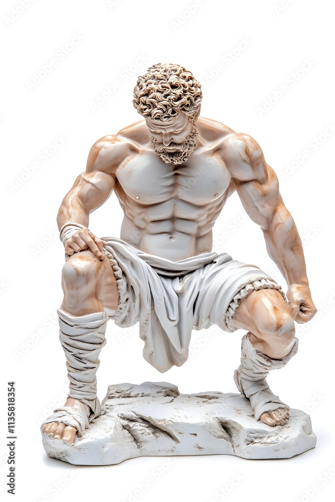Stunning Classical Sculpture of a Muscular Ancient Greek Warrior in a Dynamic Pose with Textured Details and Natural Color Gradation Stunning Classical Sculpture of a Muscular Ancient Greek Warrior in a Dynamic Pose with Textured Details and Natural Color Gradation