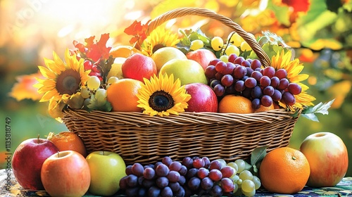 Autumn Harvest- Wicker Basket of Fresh Fruit and Sunflowers photo