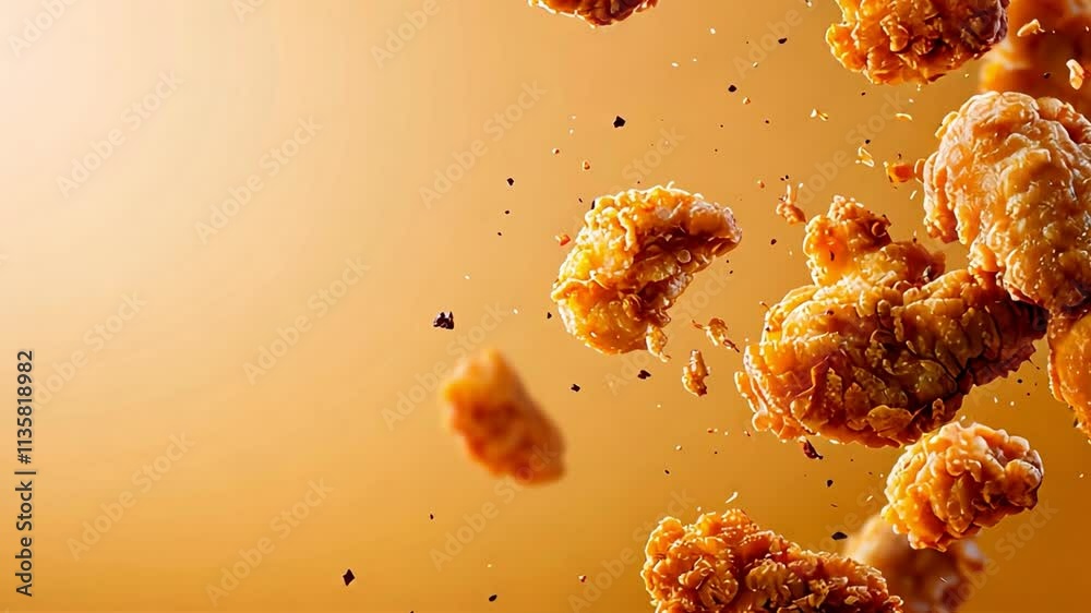 Crispy chicken tenders flying, dynamic background with blank space