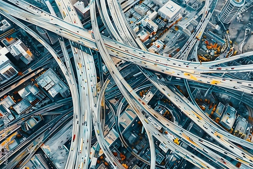 A birdseye perspective reveals a dense network of interconnected highways, crisscrossing above a city landscape. Vehicles traverse the numerous lanes, illustrating urban traffic complexity.