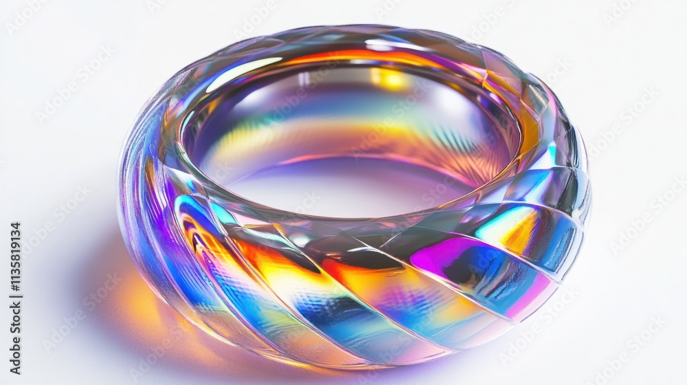 A futuristic holographic ring with a swirling pattern and reflective metallic textures, isolated on white