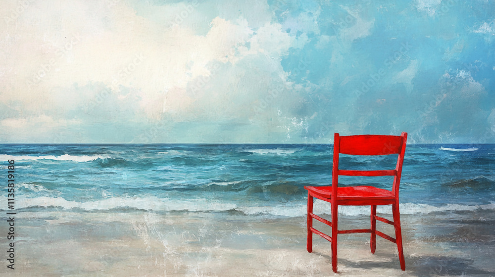 Bright red chair on sandy beach overlooking calm ocean waves under a cloudy sky Bright red chair on sandy beach overlooking calm ocean waves under a cloudy sky