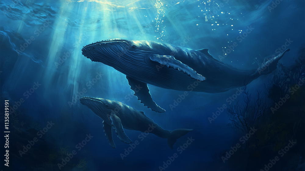 Fototapeta premium 親子のザトウクジラが泳ぐ海中風景
