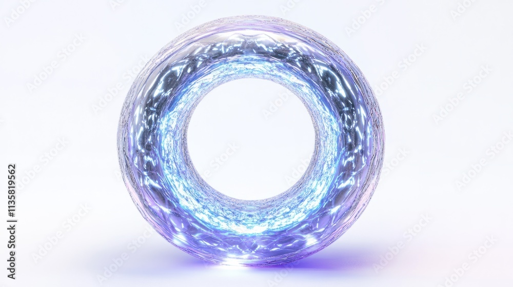 A futuristic holographic ring with intricate glowing patterns, radiating light on a clean white background