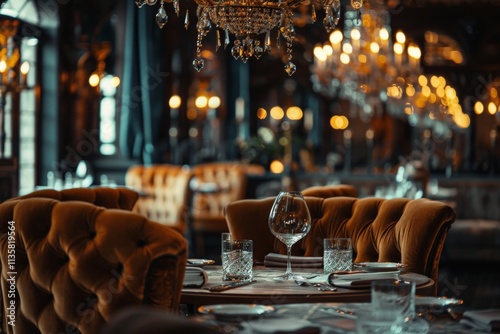 Elegant Restaurant Interior with Chandeliers and Table Setting
