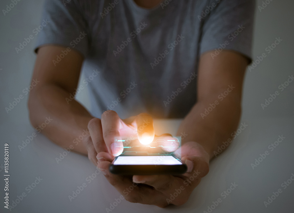 Man touching smartphone screen, communication technology concept