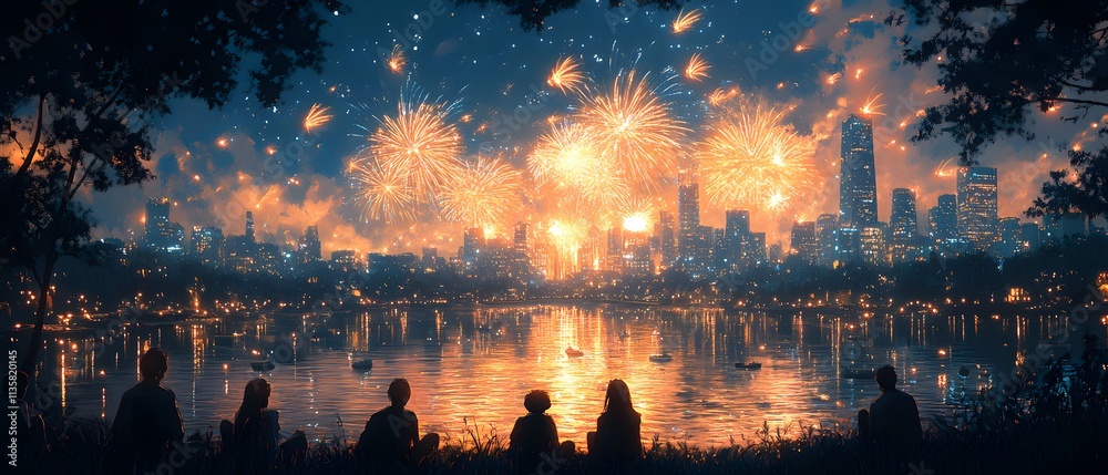 River flows through the city, people sitting on the grass watching New Year's fireworks. Skyscrapers backdrop, creating peaceful, celebratory atmosphere. Perfect for New Year, city tourism marketing. River flows through the city, people sitting on the grass watching New Year's fireworks. Skyscrapers backdrop, creating peaceful, celebratory atmosphere. Perfect for New Year, city tourism marketing.