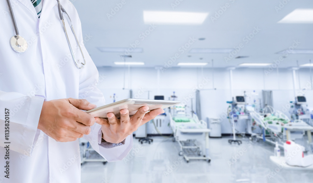 Concept of patient treatment, patient room, operating room in hospital, blurred image