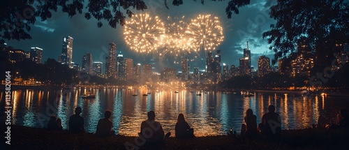 Wallpaper Mural River flows through the city, people sitting on the grass watching New Year's fireworks. Skyscrapers backdrop, creating peaceful, celebratory atmosphere. Perfect for New Year, city tourism marketing. Torontodigital.ca