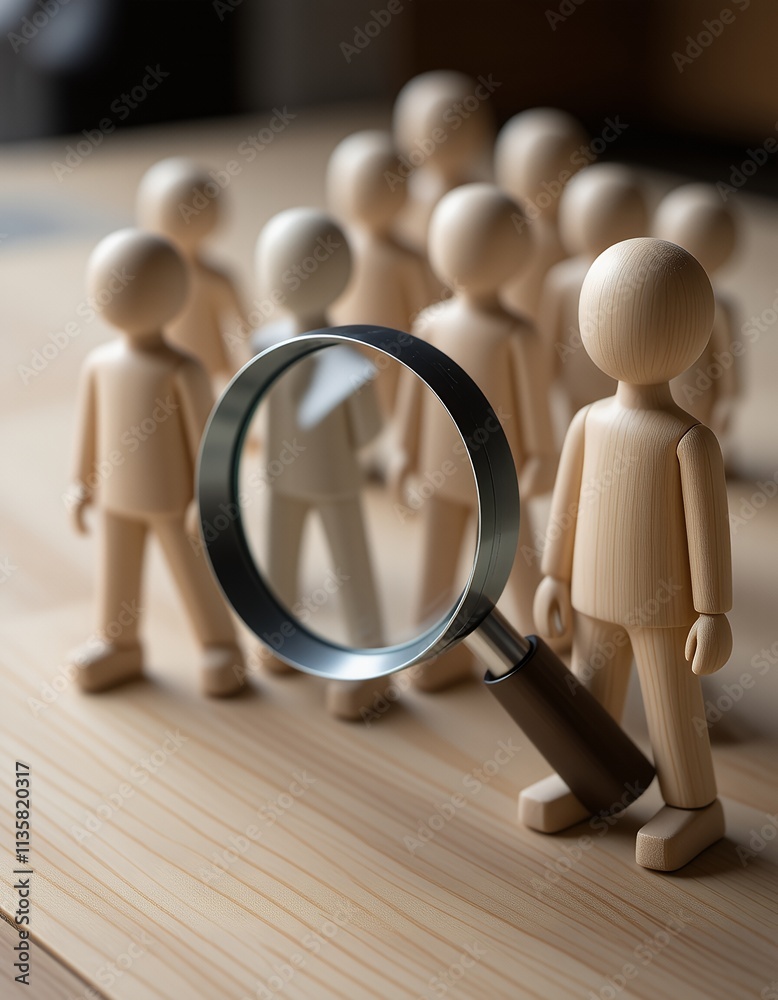 Fototapeta premium Magnifying Glass Examining Wooden Figures Group Team Selection Search
