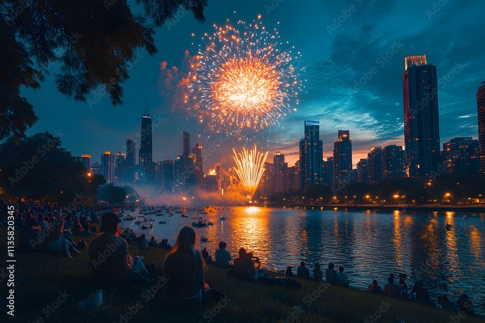 Obraz premium River flows through the city, people sitting on the grass watching New Year's fireworks. Skyscrapers backdrop, creating peaceful, celebratory atmosphere. Perfect for New Year, city tourism marketing.