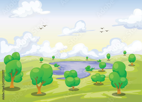 landscape of lake with various tree cartoon  background illustration with blue sky and cloud