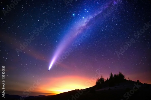Worm's eye view of a cool, subtly glowing comet,  silhouetted against a deep indigo sky,  with muted purples and blues,  evoking humble wonder,  focused on texture and light.