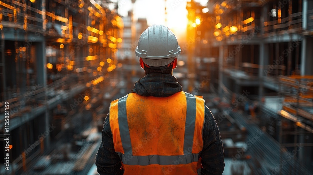 Male Engineer Wearing Orange Vest and Hard Hat on Construction Site