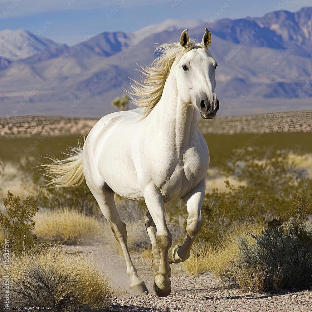 White Horse Running in Desert Landscape White Horse Running in Desert Landscape