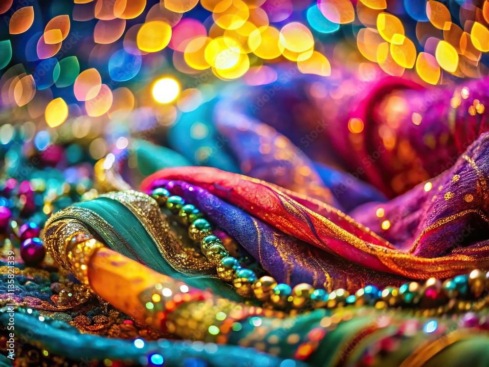 A tilted, swirling, bokeh-filled shot of shimmering, bohemian fabrics in vibrant jewel tones, evoking playful movement, captured with shallow depth of field. A tilted, swirling, bokeh-filled shot of shimmering, bohemian fabrics in vibrant jewel tones, evoking playful movement, captured with shallow depth of field.