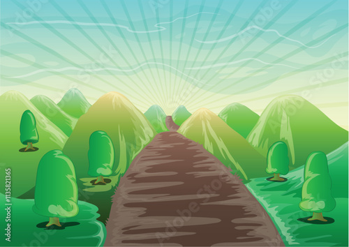 landscape background illustration with straight country road and blue sky background