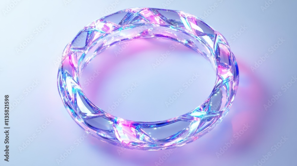 A sleek annular hologram frame with dynamic light patterns and neon accents, floating on white