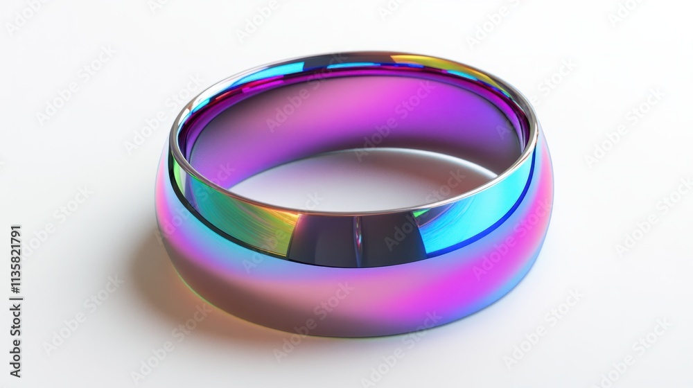 A sleek hologram ring with a polished metallic texture and gradient colors, isolated on a clean white background A sleek hologram ring with a polished metallic texture and gradient colors, isolated on a clean white background